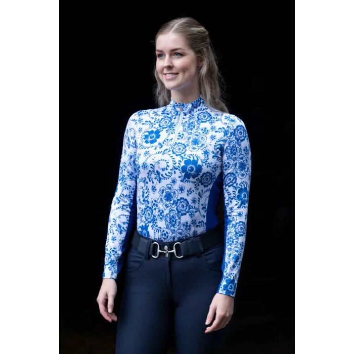 HKM Functional Shirt Blue Flower Long Sleeve-- Thin T-Shirt Open Front Quick Dry