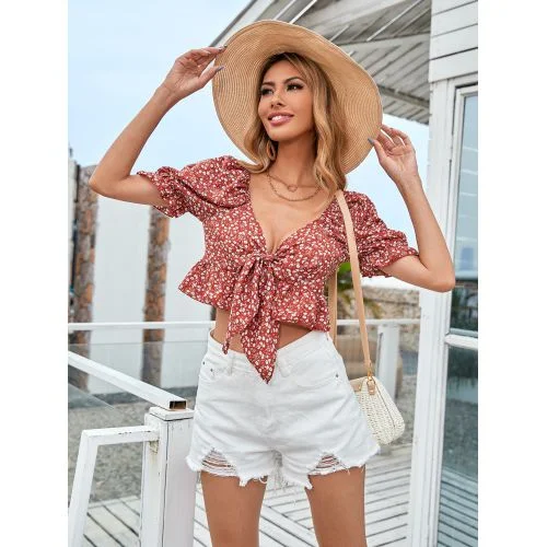 Women Flowers Printed V-neck Top Blouse Shirt-- Rayon Fabric Velvet Fabric Corduroy Fabric