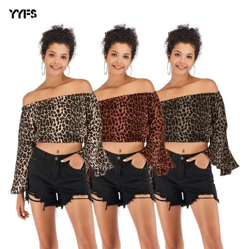 Sexy Off Shoulder Leopard Print Short   Women Chiffon Shirt Blouses-- Mesh Blend Leather Blend Suede Blend