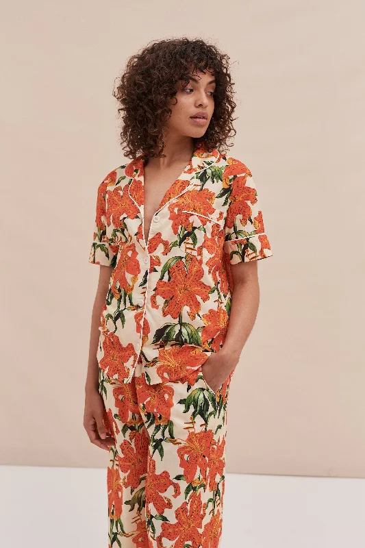 Lilium Orange Cream Short Sleeve Shirt-- Handmade Hand-knitted Hand-woven
