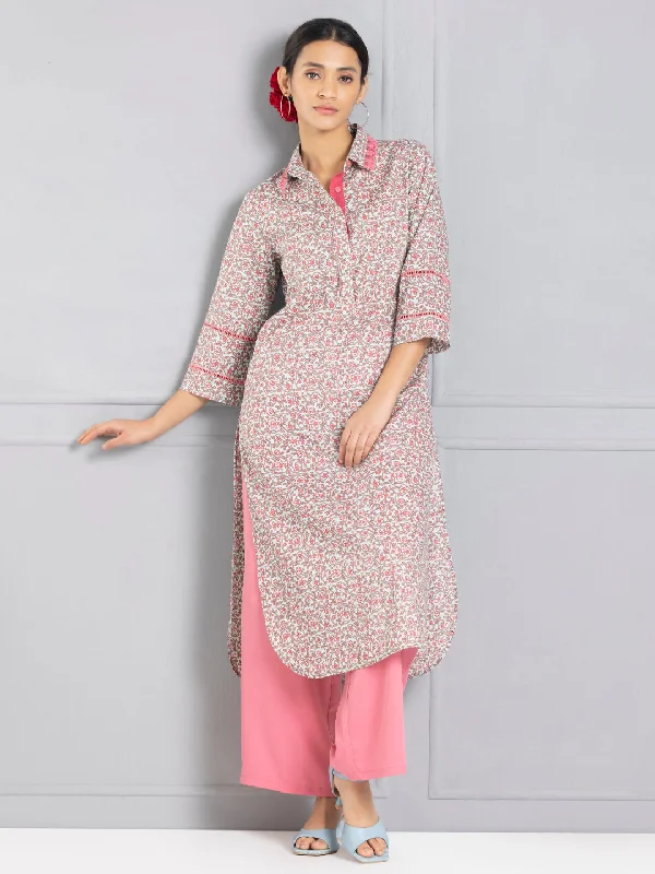 Powder Blue Floral Block Printed Shirt Collar Kurta-- Notch Collar Peter Pan Collar Cowl Neck