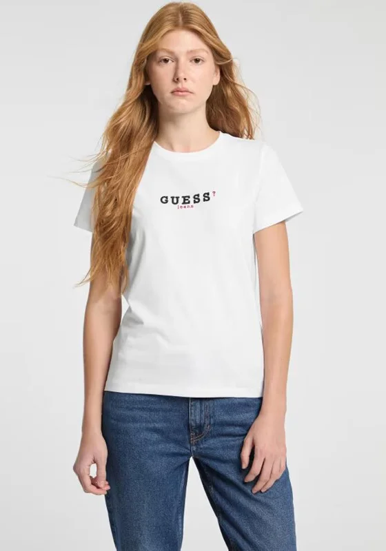 Guess Logo Embroidered T Shirt, White-- Denim Fabric Leather Fabric Suede Fabric
