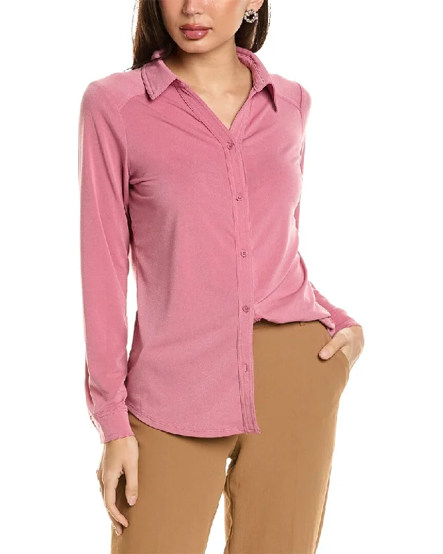 Adrianna Papell V-Neck Button Front Shirt-- Satin Fabric Silk Fabric Chiffon Fabric