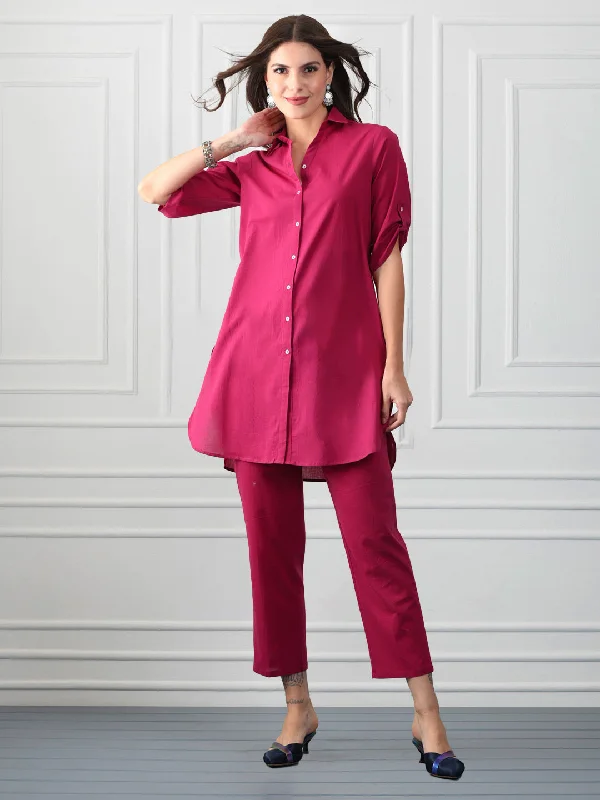Berry Pink Cotton Shirt Collar Kurta-- Wool Fabric Cashmere Fabric Tweed Fabric