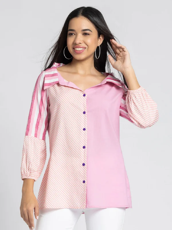 Shirt Collar Pink Stripes Button-down Kurti-- Jersey Fabric Tulle Fabric Batik Fabric