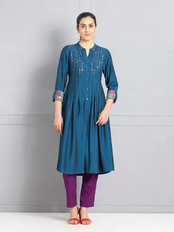 Persian Blue Embroidered Shirt Flared Kurta -- Basic T-Shirt Crew Neck Short Sleeve