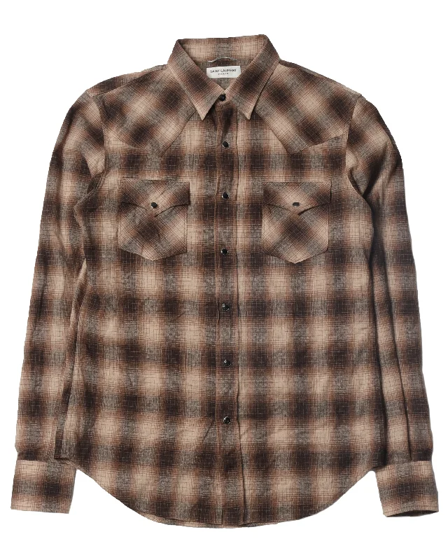 Brown Plaid Shirt-- Zippered Front Buttoned Front Snap Front