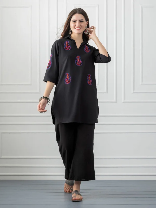 Black Boho Shirt Collar Kurti Co-ord Set-- Print Jacquard Patchwork