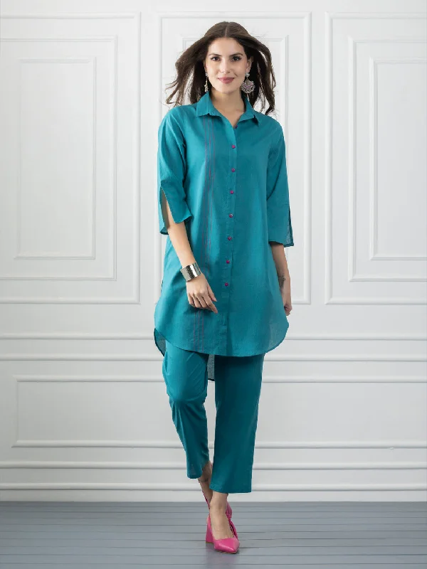 Turquoise Stitch Detailing Shirt Collar Button Up Kurta-- Front Pockets Side Pockets Patch Pockets