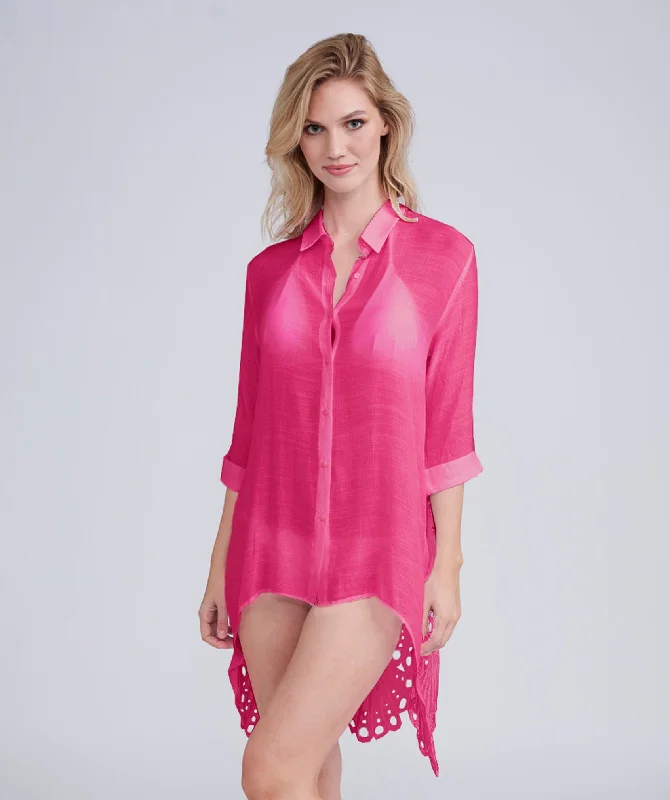 Hot Pink Cotton Lace Shirt Cover-up-- Jersey Fabric Tulle Fabric Batik Fabric