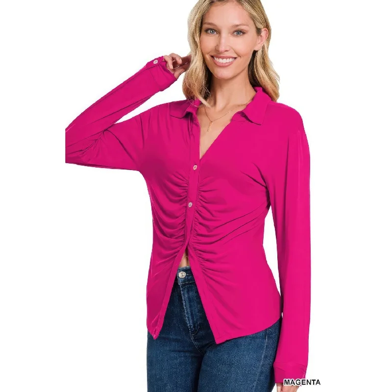 Stretchy Ruched Shirt-- Polka Dot Checkered Tartan