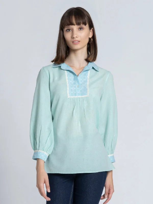Blue Shirt Collar Self Geometric Pattern Kurti-- Chenille Blend Fleece Blend Nylon Blend