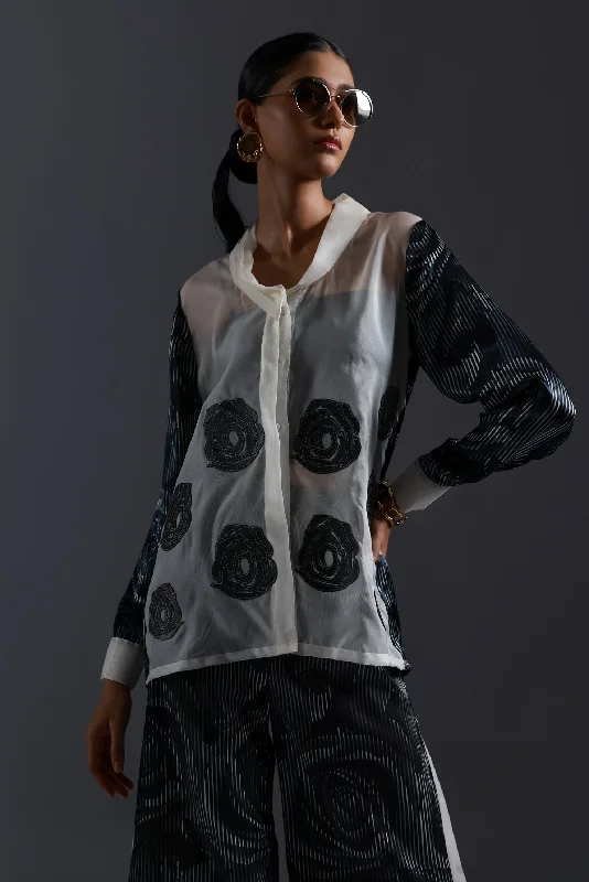 Rose Shirt With Printed Back-- Embroidered Appliqued Beaded