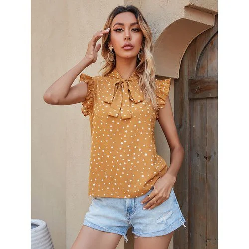 Womens Wdots Printed Bow Top Shirt-- Fleece Fabric Down Fabric Feather Fabric