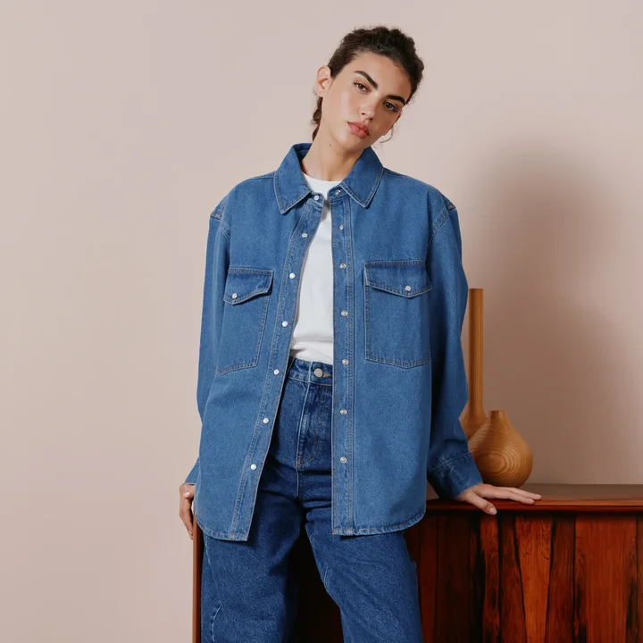 Denim Oversize Shirt-- Hooded Caped Shawl Collar