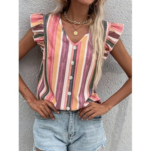 Womens V-neck Rainbow Stripe Top Shirt-- Cotton Fabric Linen Fabric Terry Fabric
