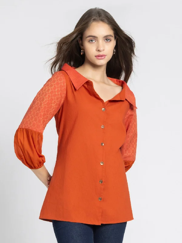 Shirt Collar Rust Orange Button-down Kurti-- Rayon Fabric Velvet Fabric Corduroy Fabric