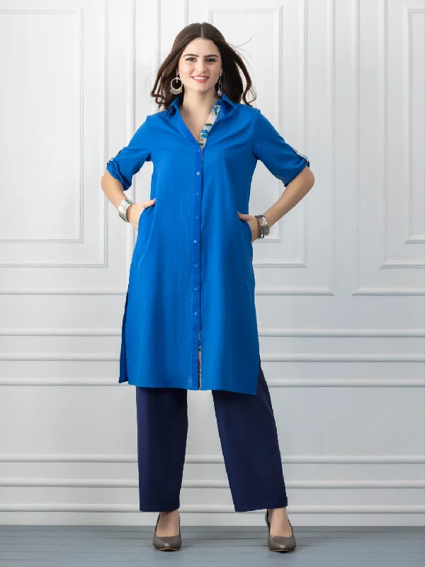 Blue Cotton Shirt Collar Floral Trim Button-Up Kurta-- Zippered Front Buttoned Front Snap Front