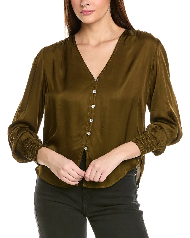 Bella Dahl Smocked Cuff Button Down Shirt-- Welt Pockets Slit Pockets