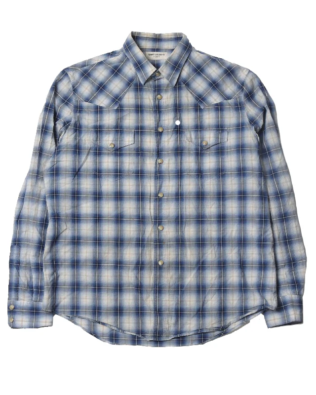 Blue Plaid Shirt-- Print Jacquard Patchwork