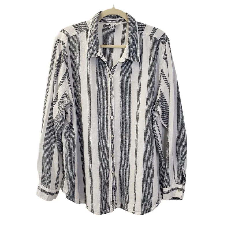 Orvis Linen Blend Striped Button Down Shirt Size XXL-- Front Pockets Side Pockets Patch Pockets