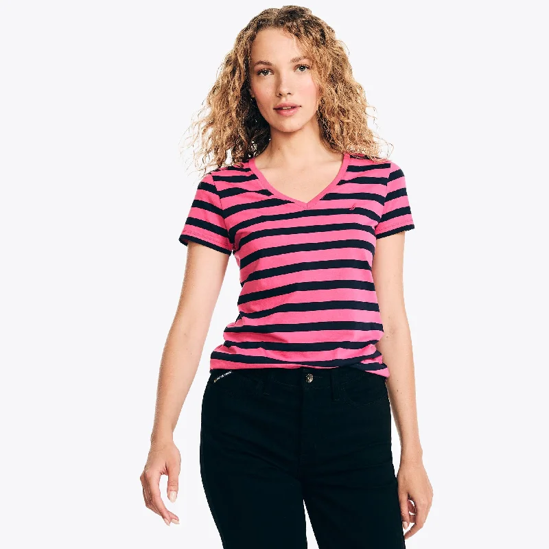 Nautica Womens Striped V-Neck T-Shirt-- Cotton Fabric Linen Fabric Terry Fabric