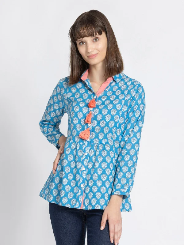 Blue Shirt Collar Ethnic Motif Kurti-- Mesh Fabric Canvas Fabric Denim Fabric