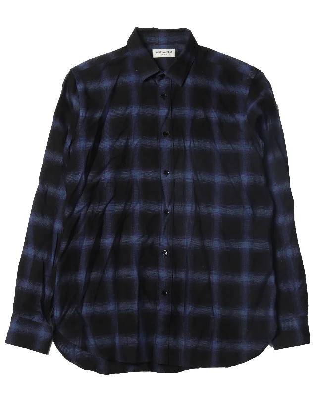 Black and Blue Plaid Shirt-- Spandex Blend Rayon Blend Denim Blend