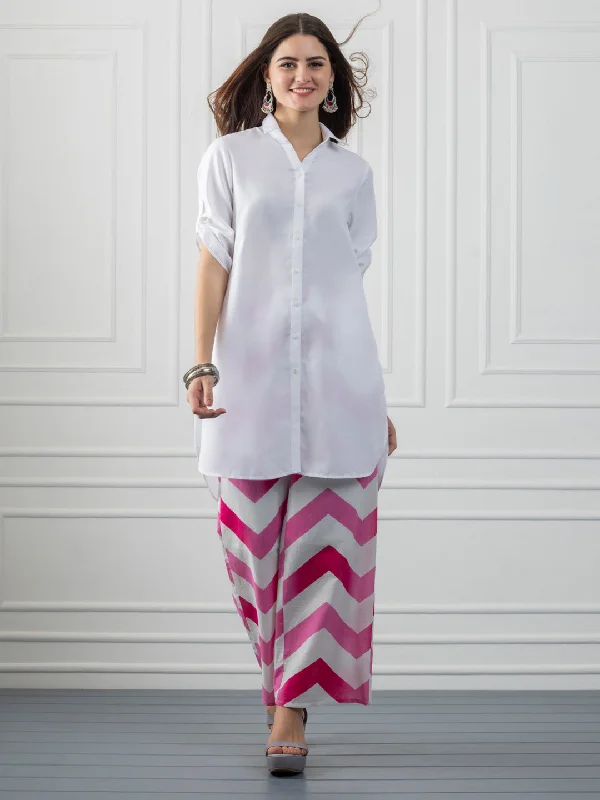 White Shirt Collar Button Up High Low Kurti-- Plaid T-Shirt Polka Dot Checkered