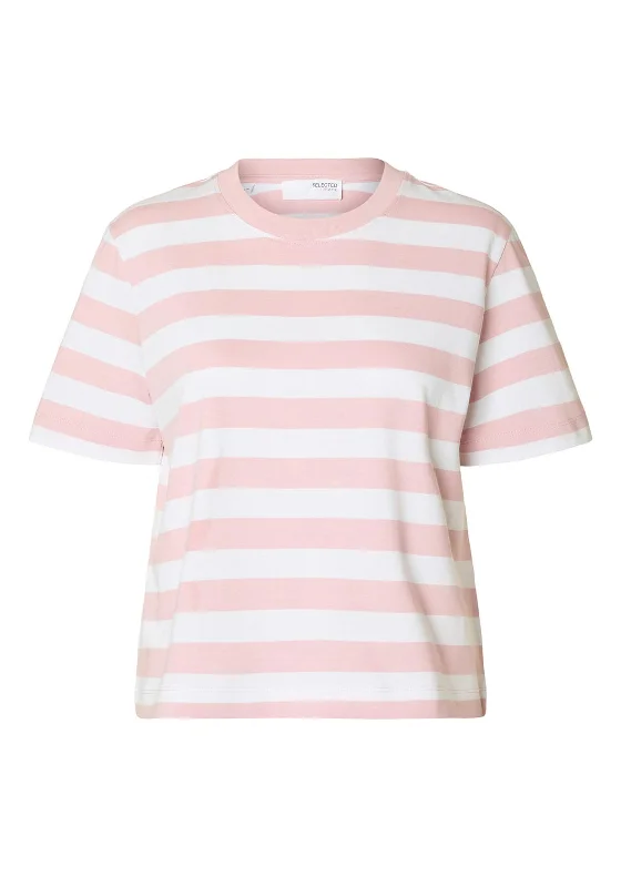 Selected Femme Essential Striped Boxy T Shirt, Pink and White-- Wool Fabric Cashmere Fabric Tweed Fabric