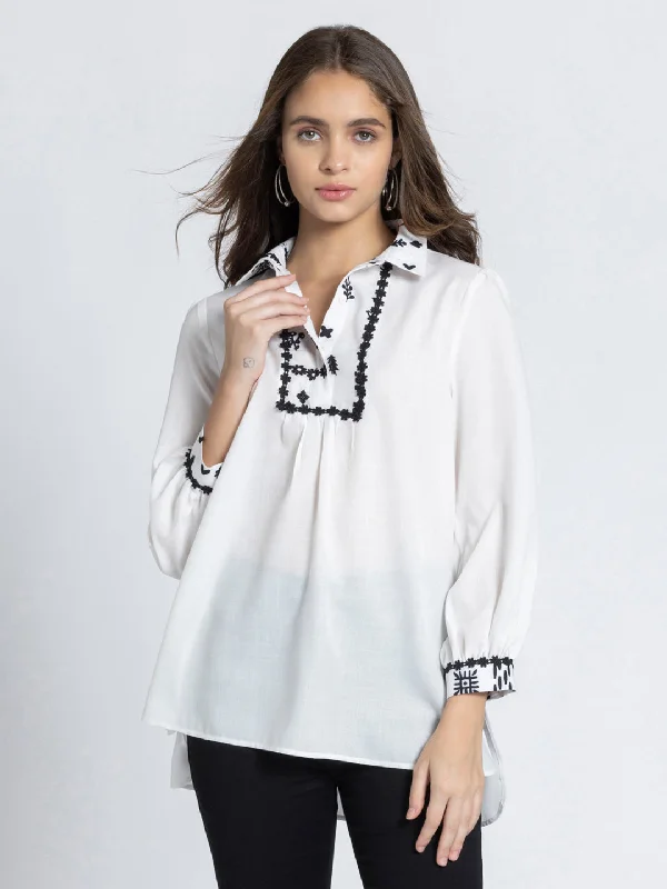 White Shirt Collar Floral Print Kurti-- Wool Fabric Cashmere Fabric Tweed Fabric