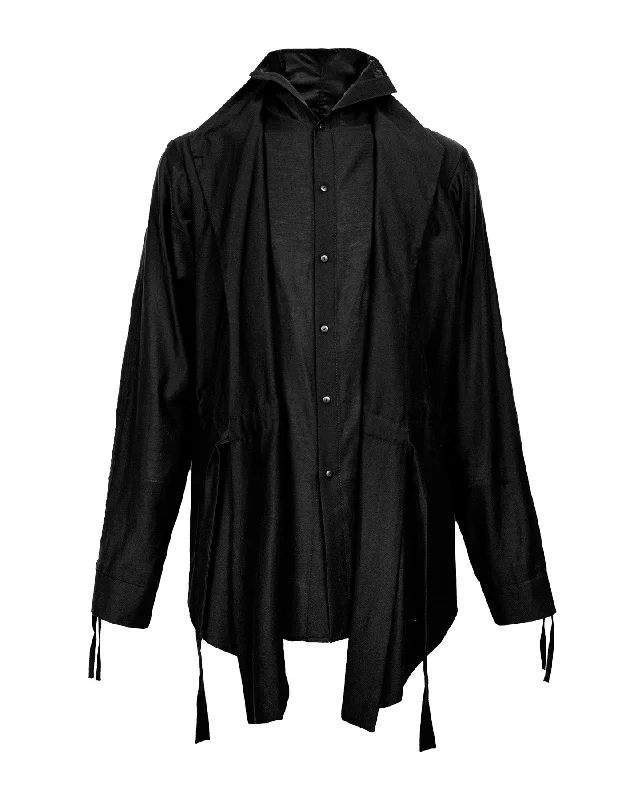 Stand-Up Collar Faux Two-Piece Drawstring Shirt-- Collared T-Shirt Boat Neck A-Line