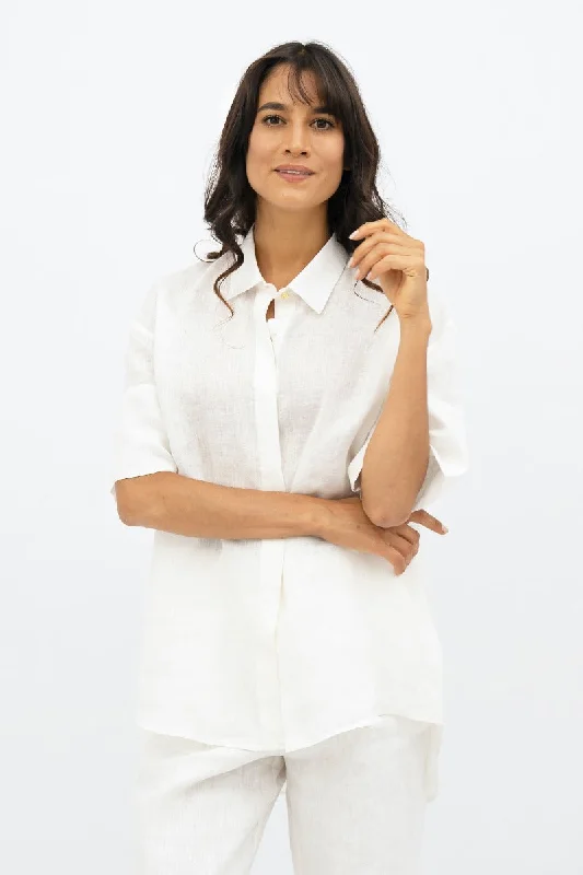 Seville  - Short Sleeves Shirt - Porcelain-- Satin Blend Silk Blend Wool Blend