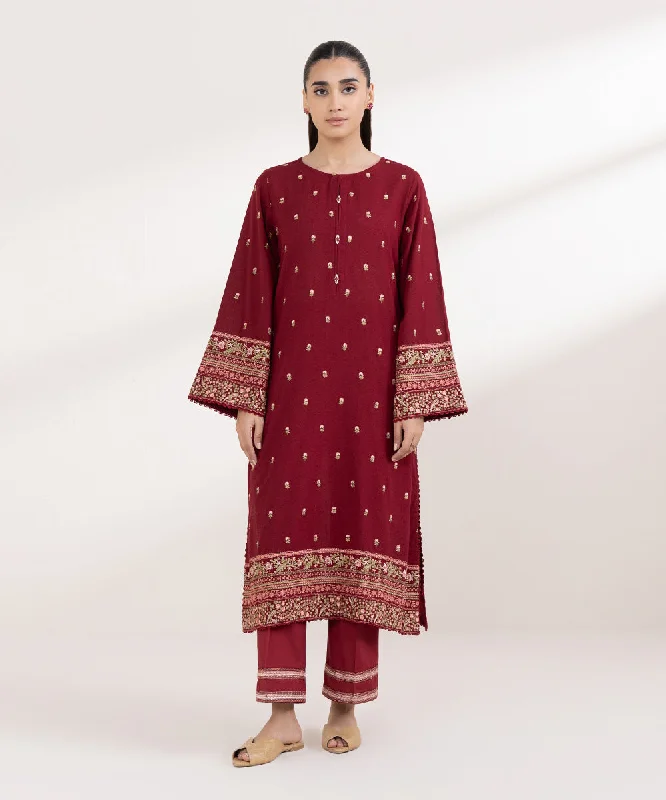 Embroidered Karandi Shirt-- Plaid T-Shirt Polka Dot Checkered