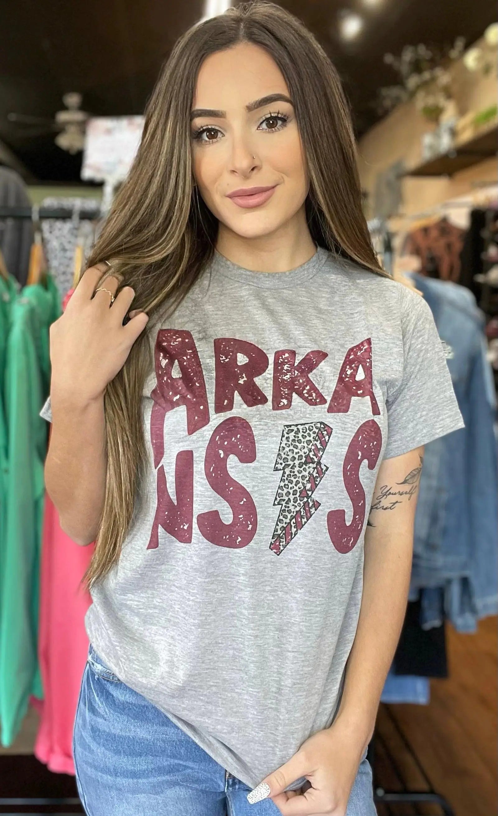 Arkansas Leopard Lightning T-Shirt-- Fleece Nylon Spandex