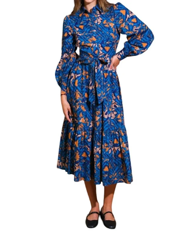 Joan Ikat Print Tie Waist Shirt Dress In Blue Rust-- Elegant Classic Vintage