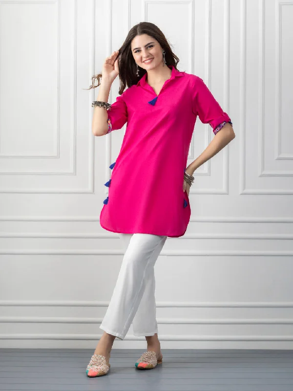 Pink Shirt Collar Kurti With Tassels & Floral Print Detailing-- Spandex Blend Rayon Blend Denim Blend