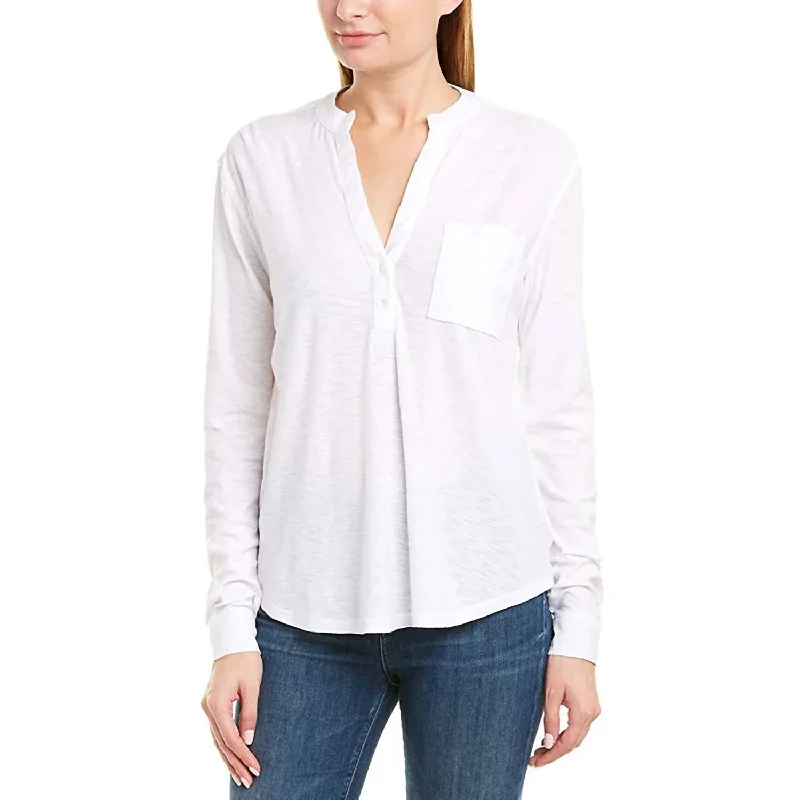 Women White V-Neck Slub Button Down T-Shirt-- Zippered Front Buttoned Front Snap Front
