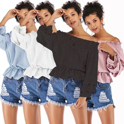Sexy Collar Strapless   Spring Slim Polka Dot Lace-up Top Women Chiffon Shirt Blouses-- Spandex Blend Rayon Blend Denim Blend