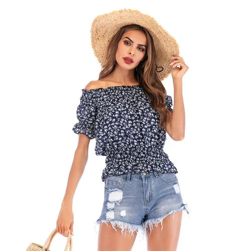 Off-shoulder Sexy Off Shoulder Foam Sleeve Top Floral Waist   Women Chiffon Shirt Blouses-- Collared Crew Neck Turtle Neck