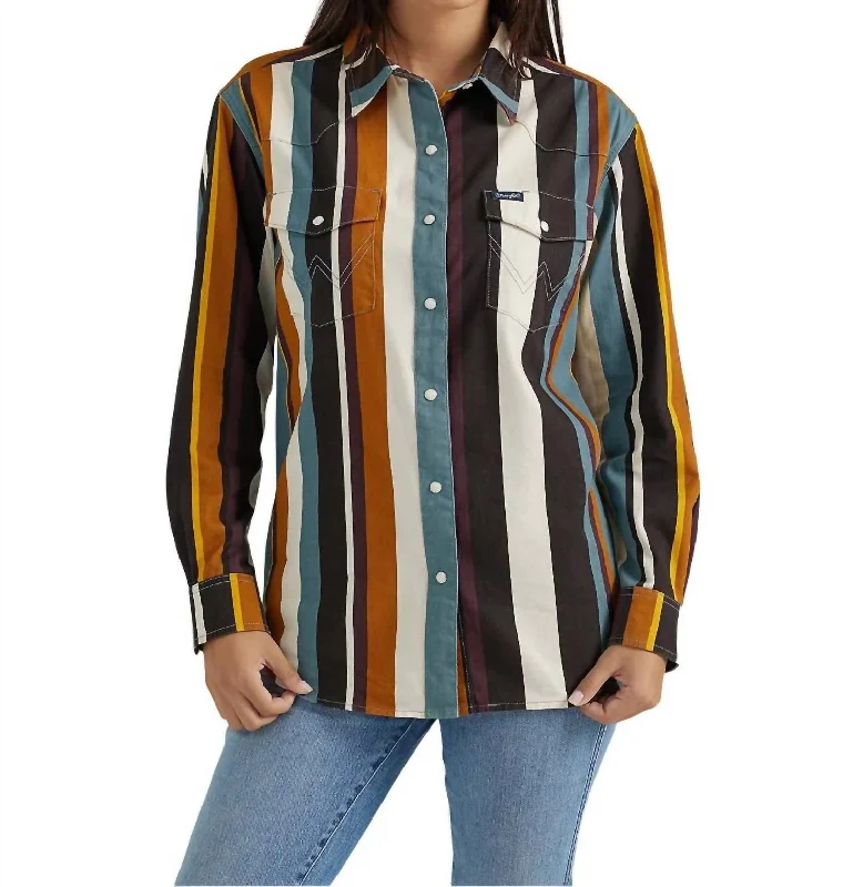 Brushpopper Stripe Cowboy Snap Shirt In Multi Stripe-- Print Jacquard Patchwork
