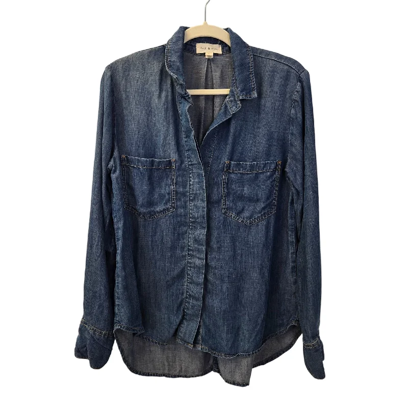 Anthropologie Cloth & Stone Chambray Hidden Button Down Shirt Size Medium-- Zippered Front Buttoned Front Snap Front