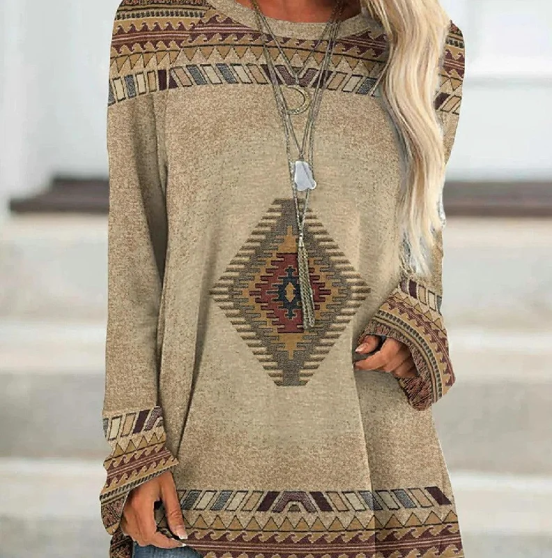New Long T-shirt Dress Retro Ethnic Style-- Ribbed Striped Patterned