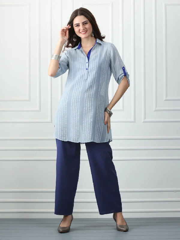 Blue Shirt Collar Kurti with Contrast Trim Detailing-- Layered Multi-layer Single Layer