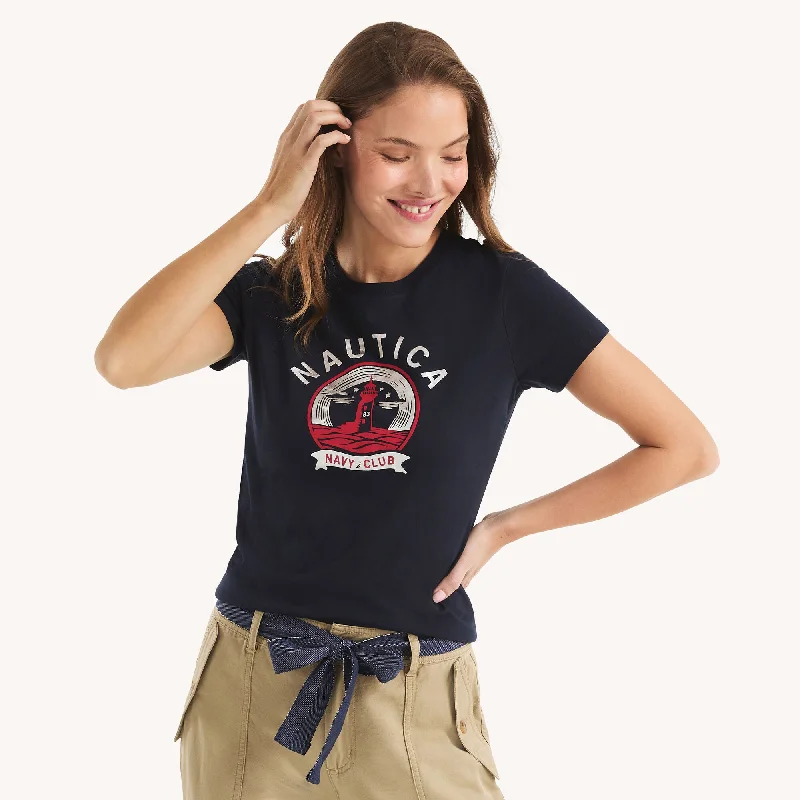 Nautica Womens Foil Navy Club Graphic T-Shirt-- Print Jacquard Patchwork
