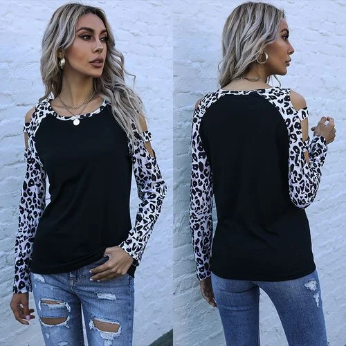 Leopard Print Off-the-shoulder Hollow Top Womens Round Neck Bottoming T Shirt-- Silk Blend Satin Velvet