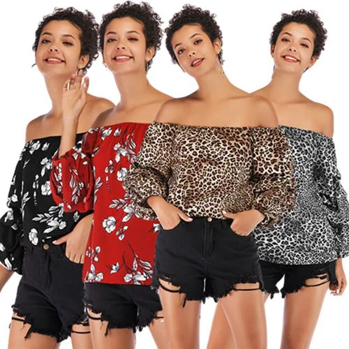 Sexy Printed with Off-shoulder Spring Women Chiffon Shirt Blouses-- Houndstooth Herringbone Solid