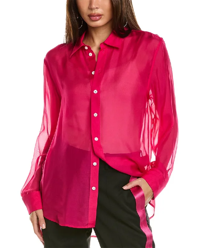 Helmut Lang Sheer Silk Relaxed Shirt-- Polka Dot Checkered Tartan