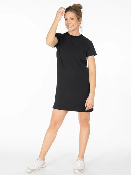 tasc Performance All Day T-shirt Dress in Black-- Zippered Front Buttoned Front Snap Front