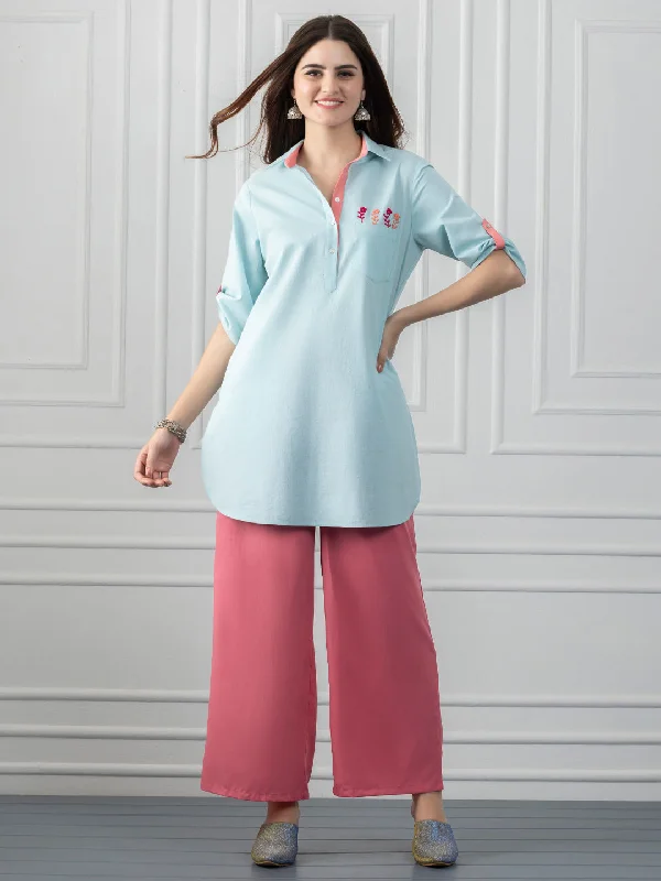Blue Shirt Collar Foral Embroidered Kurti-- Striped Floral Plaid